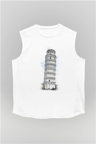Pisa Kulesi Beyaz Unisex Kolsuz Tişört