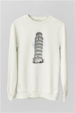 Pisa Kulesi Beyaz Unisex Sweatshirt