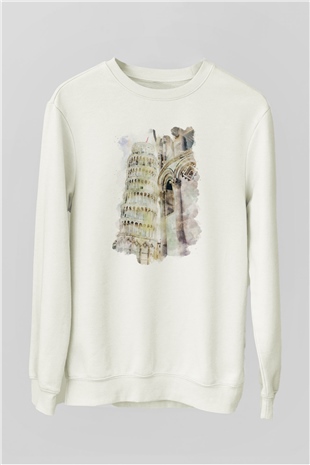 Pisa Kulesi Beyaz Unisex Sweatshirt