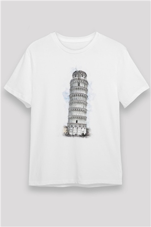 Pisa Kulesi Beyaz Unisex Tişört T-Shirt - TişörtFabrikası
