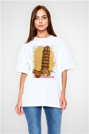 Pisa Kulesi Beyaz Oversize Tişört Oversize T-shirt - TişörtFabrikası
