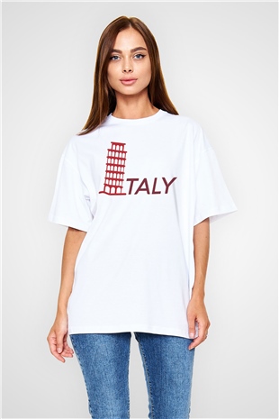 Pisa Kulesi Beyaz Oversize Tişört Oversize T-shirt - TişörtFabrikası