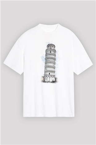 Pisa Kulesi Beyaz Oversize Tişört Oversize T-shirt - TişörtFabrikası