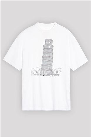 Pisa Kulesi Beyaz Oversize Tişört Oversize T-shirt - TişörtFabrikası