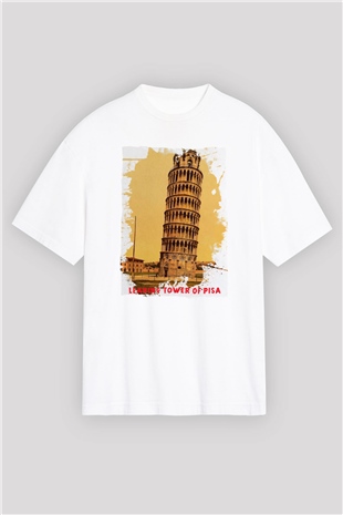 Pisa Kulesi Beyaz Oversize Tişört Oversize T-shirt - TişörtFabrikası