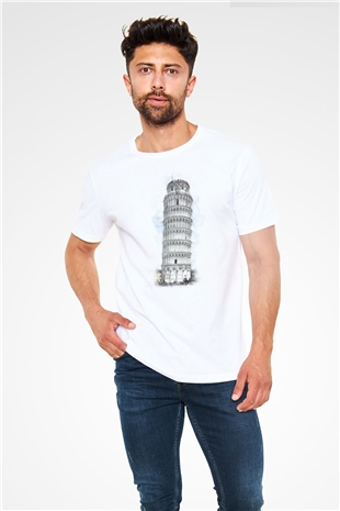 Pisa Kulesi Beyaz Unisex Tişört T-Shirt - TişörtFabrikası