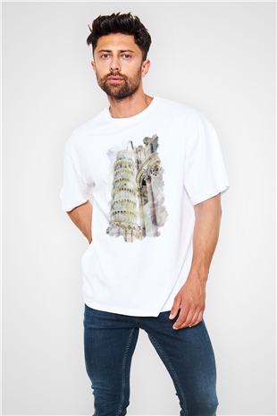 Pisa Kulesi Beyaz Oversize Tişört Oversize T-shirt - TişörtFabrikası