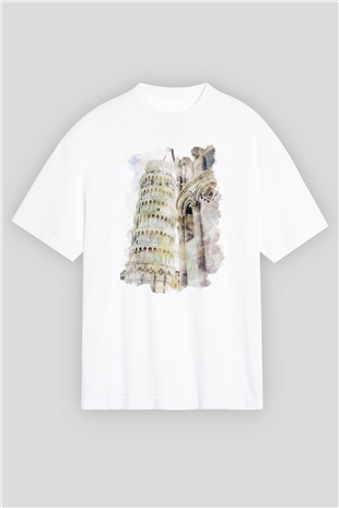 Pisa Kulesi Beyaz Oversize Tişört Oversize T-shirt - TişörtFabrikası