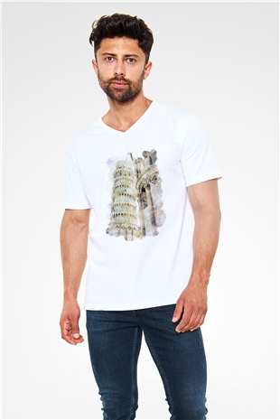 Pisa Kulesi Beyaz Unisex V Yaka Tişört
