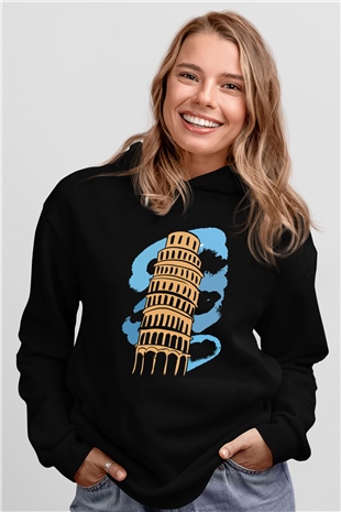 Pisa Kulesi Siyah Unisex Hoodie