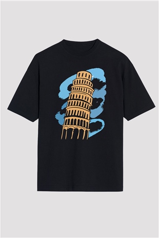 Pisa Kulesi Siyah Unisex Oversize Tişört T-Shirt