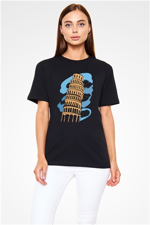 Pisa Kulesi Siyah Unisex Tişört T-Shirt - TişörtFabrikası