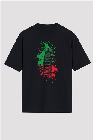 Pisa Kulesi Siyah Oversize Tişört Oversize T-shirt - TişörtFabrikası