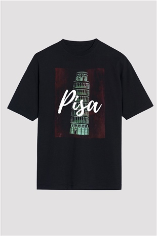 Pisa Kulesi Siyah Oversize Tişört Oversize T-shirt - TişörtFabrikası