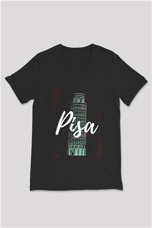 Pisa Kulesi Siyah Unisex V Yaka Tişört