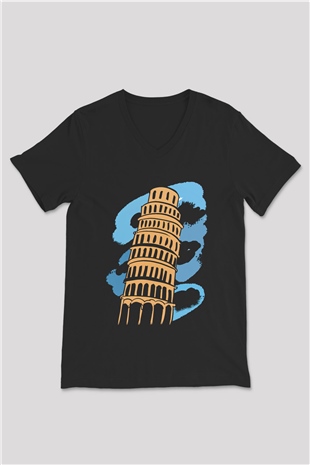 Pisa Kulesi Siyah Unisex V Yaka Tişört T-Shirt