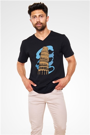 Pisa Kulesi Siyah Unisex V Yaka Tişört T-Shirt