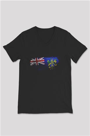 Pitcairn Adaları - Pitcairn İslands Bayrağı Baskılı Unisex Siyah V Yaka Tişört