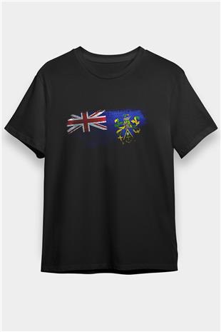 Pitcairn Adaları - Pitcairn İslands Bayrağı Baskılı Unisex Siyah Tişört