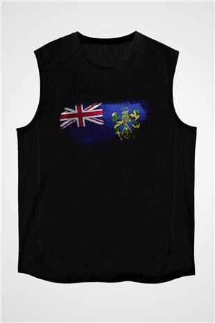Pitcairn Adaları - Pitcairn İslands Bayrağı Baskılı Unisex Siyah Kolsuz Tişört
