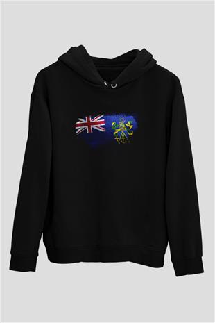 Pitcairn Adaları - Pitcairn İslands Bayrağı Baskılı Unisex Siyah Kapüşonlu Sweatshirt