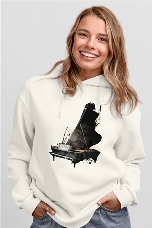 Piyanist Beyaz Unisex Kapşonlu Sweatshirt