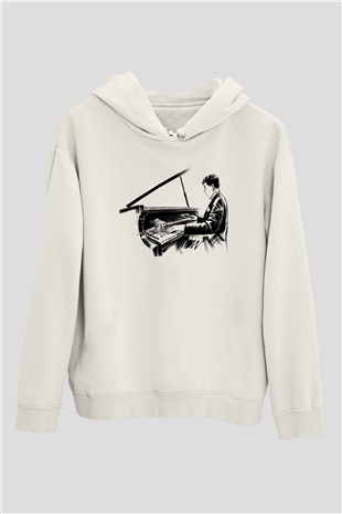 Piyanist Beyaz Unisex Kapüşonlu Sweatshirt