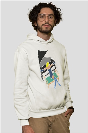 Piyanist Beyaz Unisex Kapüşonlu Sweatshirt