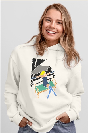 Piyanist Beyaz Unisex Kapüşonlu Sweatshirt