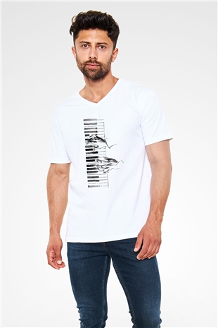 Piyanist Beyaz Unisex V Yaka Tişört