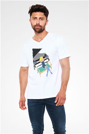 Piyanist Beyaz Unisex V Yaka Tişört