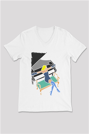 Piyanist Beyaz Unisex V Yaka Tişört