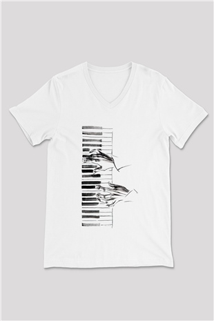 Piyanist Beyaz Unisex V Yaka Tişört