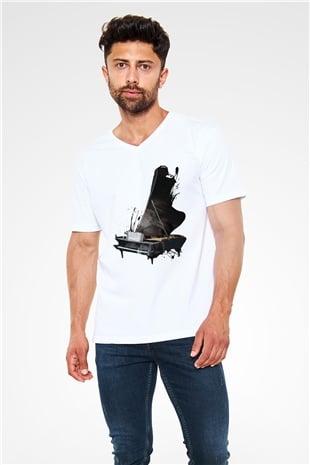Piyanist Beyaz Unisex V Yaka Tişört T-Shirt
