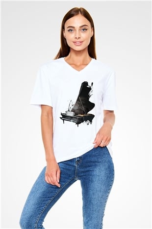 Piyanist Beyaz Unisex V Yaka Tişört T-Shirt