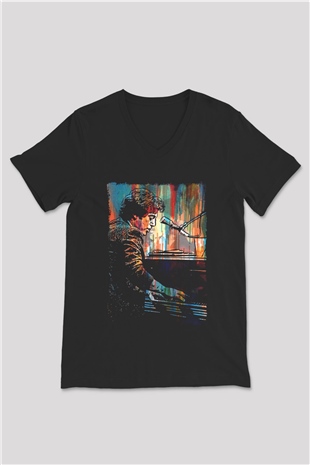 Piyanist Siyah Unisex V Yaka Tişört