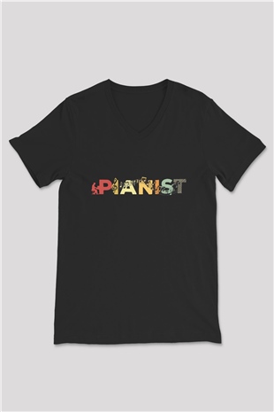 Piyanist Siyah Unisex V Yaka Tişört
