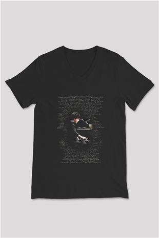 Piyanist Siyah Unisex V Yaka Tişört