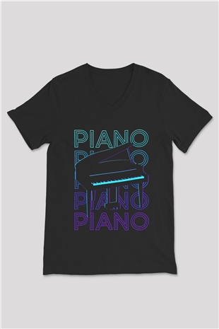 Piyanist Siyah Unisex V Yaka Tişört
