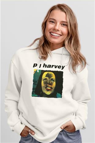 Pj Harvey Baskılı Beyaz Unisex Kapüşonlu Sweatshirt