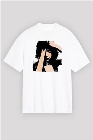 Pj Harvey Baskılı Beyaz Unisex Oversize Tişört - Tshirt