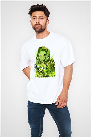 Pj Harvey Baskılı Beyaz Unisex Oversize Tişört - Tshirt