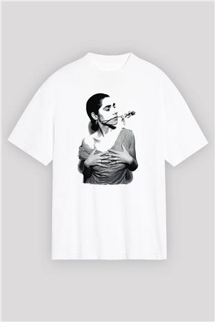 Pj Harvey Baskılı Beyaz Unisex Oversize Tişört - Tshirt