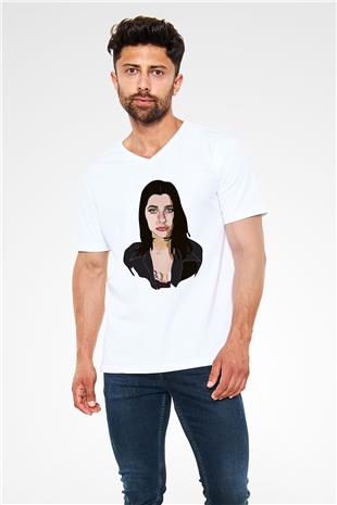 Pj Harvey Baskılı Beyaz Unisex V Yaka Tişört - Tshirt