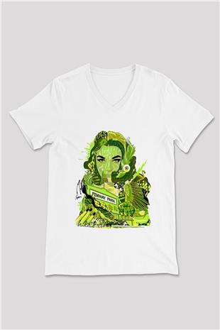Pj Harvey Baskılı Beyaz Unisex V Yaka Tişört - Tshirt