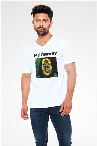 Pj Harvey Baskılı Beyaz Unisex V Yaka Tişört - Tshirt