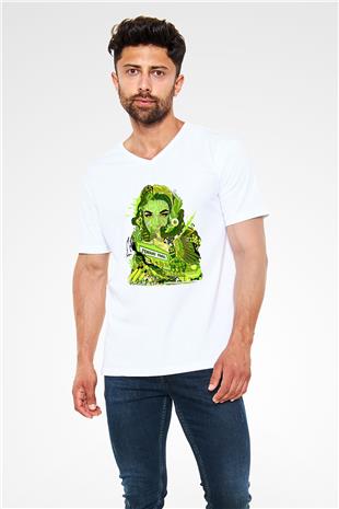 Pj Harvey Baskılı Beyaz Unisex V Yaka Tişört - Tshirt