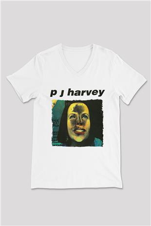 Pj Harvey Baskılı Beyaz Unisex V Yaka Tişört - Tshirt