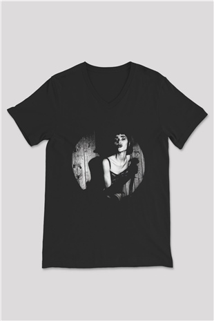 Pj Harvey Baskılı Unisex Siyah V Yaka Tişört - Tshirt