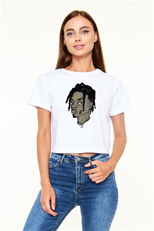 Playboi Carti Baskılı Beyaz Crop Top Kadın Tişört - Tshirt